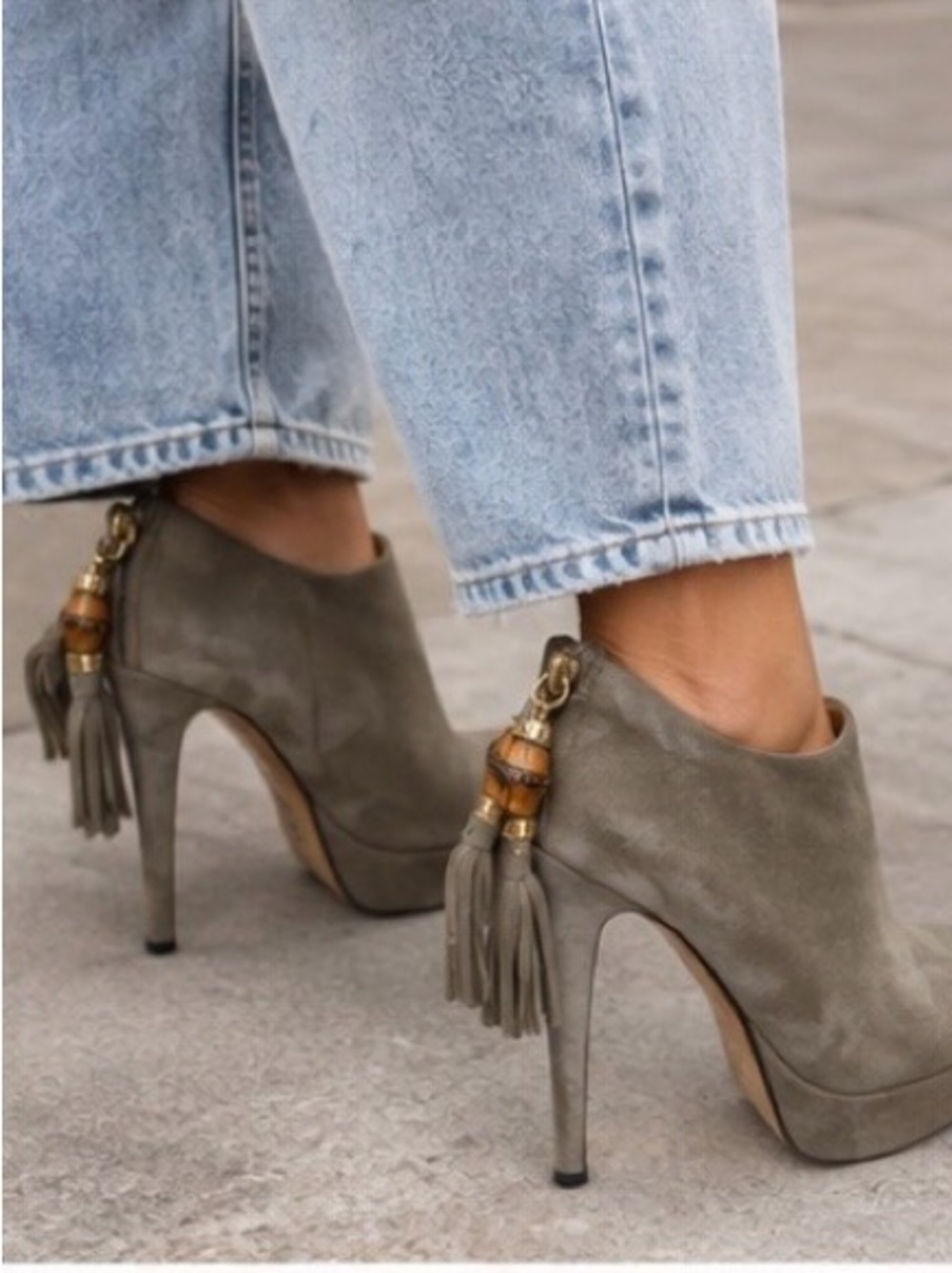 Gucci Betty Suede Bamboo Tassel Platform Ankle Booties Size 7